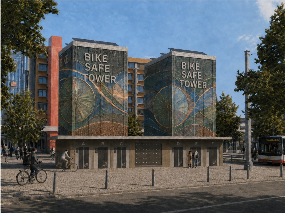 Bike-Safe-Tower als realisiertes automatisches Fahrradparkhaus